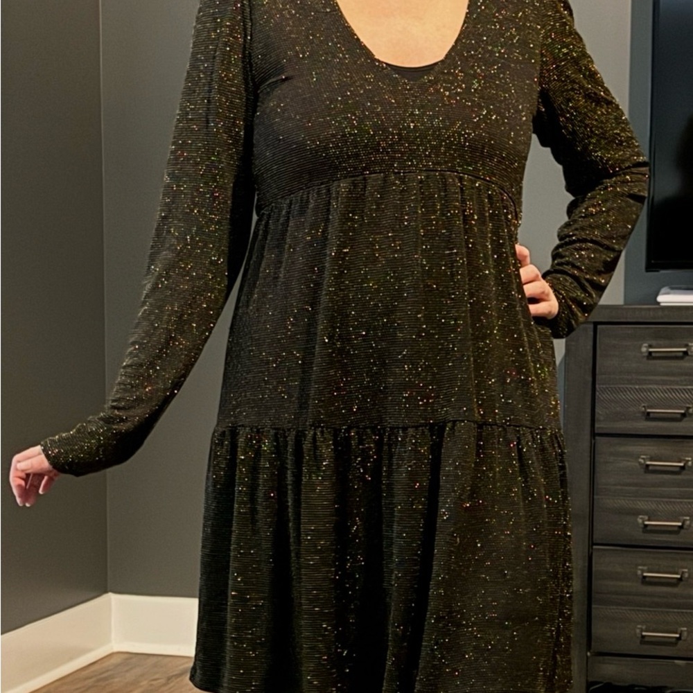 Sparkle Black Long-Sleeve Tiered Dress